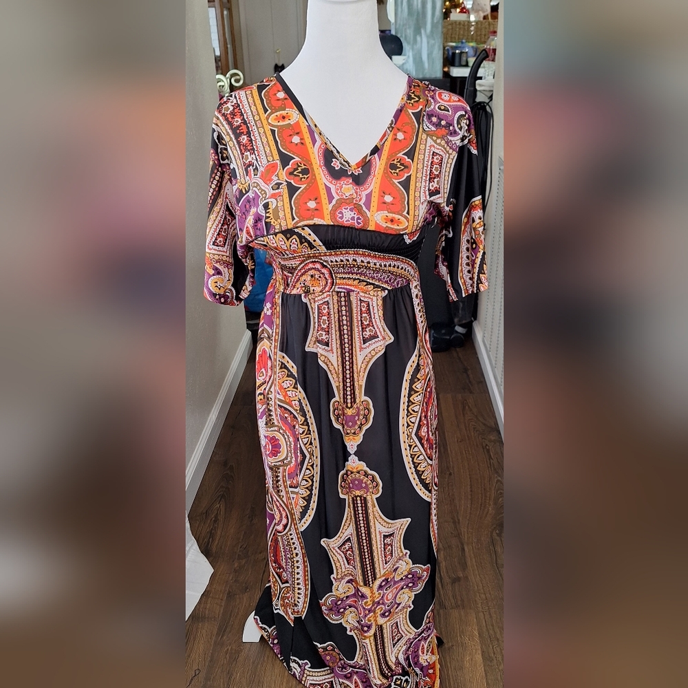 CHRISTINA LOVE ORANGE RED PLUNGE MAXI SHORT SLEEVE DRESS